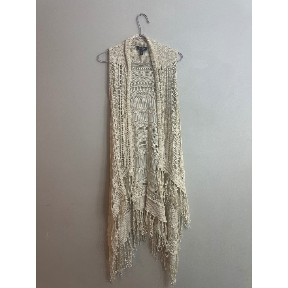 Jessica Simpson Cream Crochet Knit Fringe Vest Sleeveless Boho Cardigan Large